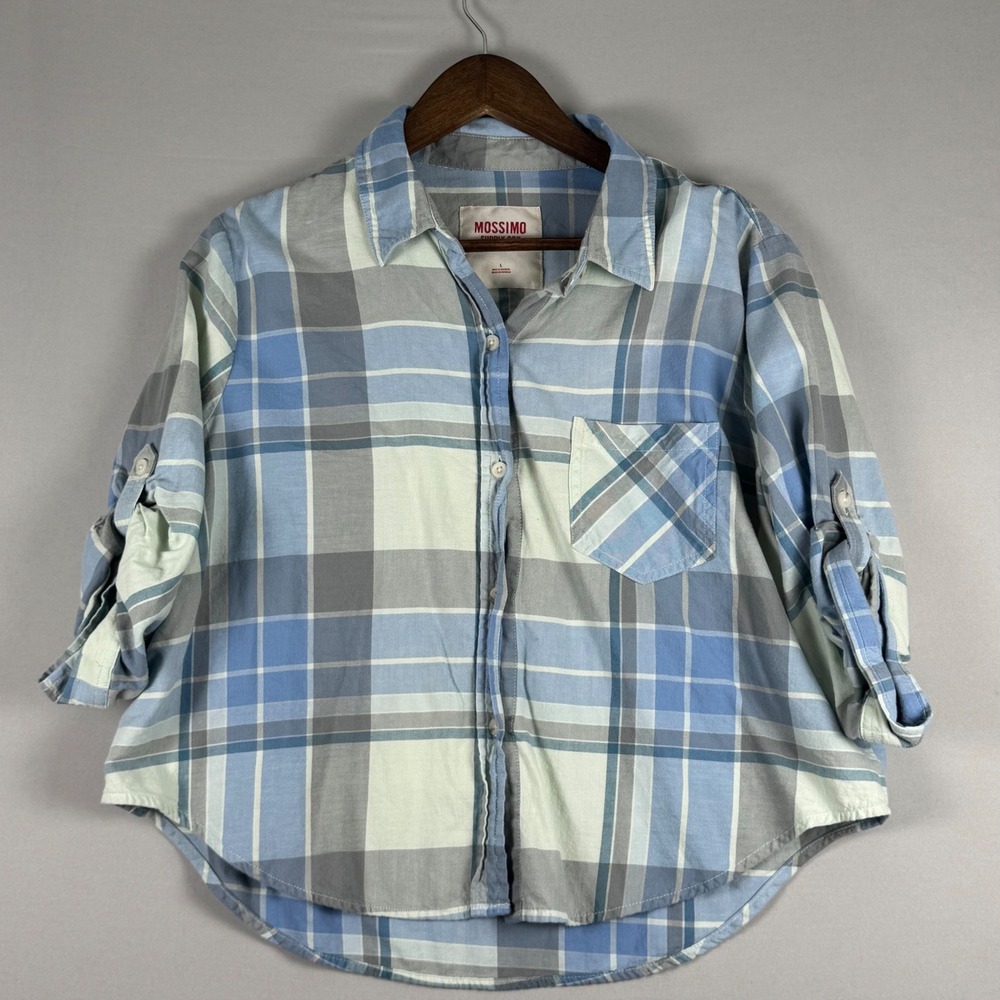 Mossimo Plaid Button Down Shirt Women Large Blue Excellent Roll Tab Sleeve